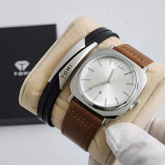 Stylish Leather Strap Watch with bracelet